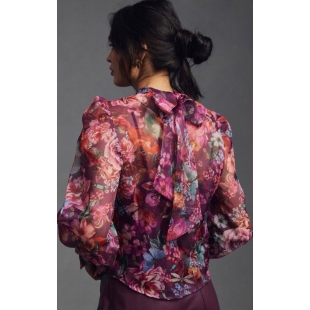 By Anthropologie Sheer Floral Top Sz S Colorful Organza